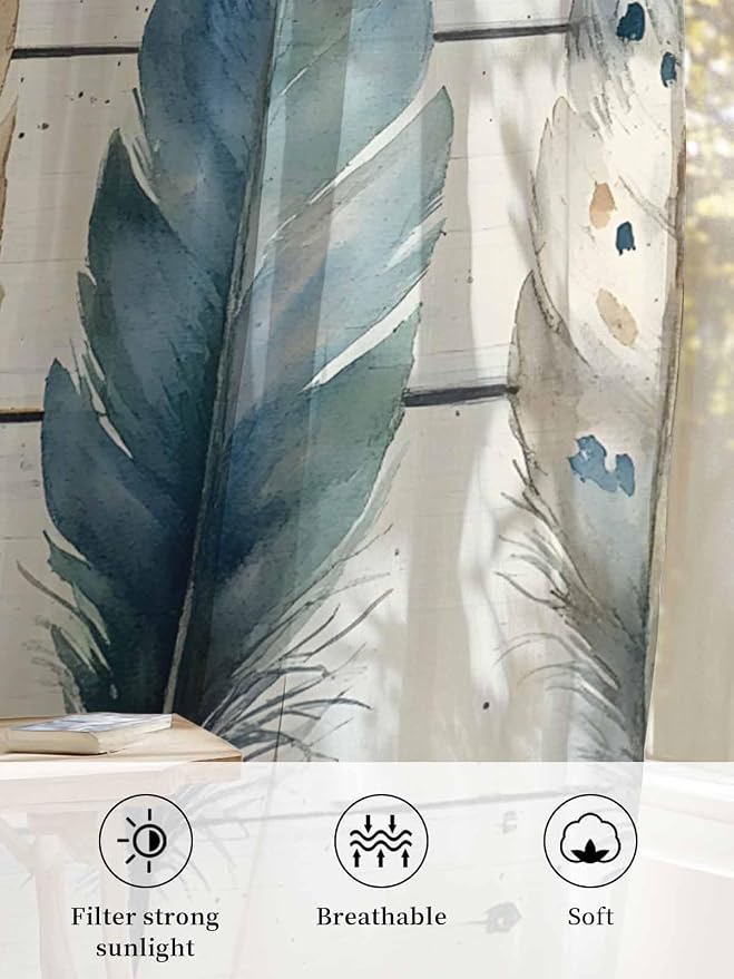 Sheer Curtains 45 Inch Length, Boho Blue Feathers Semi Sheer Curtains Light - Image 6