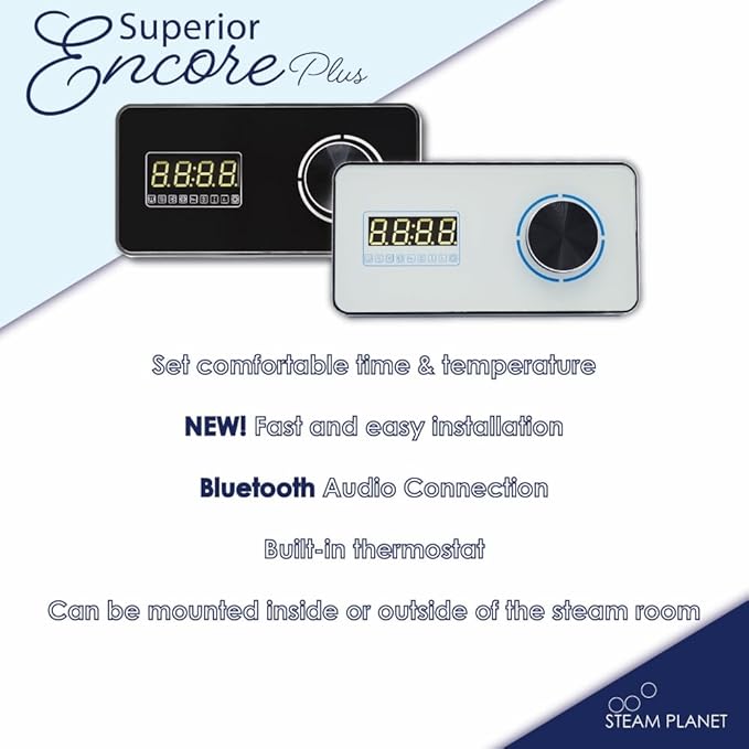 Superior Encore Plus 18kW Steam Shower Generator Kit with Horizontal Black Keypad, Drip Pans & White Lights | Bluetooth Audio|Self-Draining Steam Bath Generator|One-click Connection Cord|