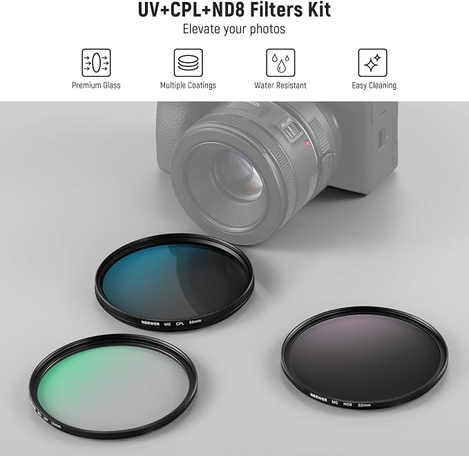 NEEWER 55mm UV CPL ND Lens Filter Kit, UV Protection + Circular Polarizing + - Image 2