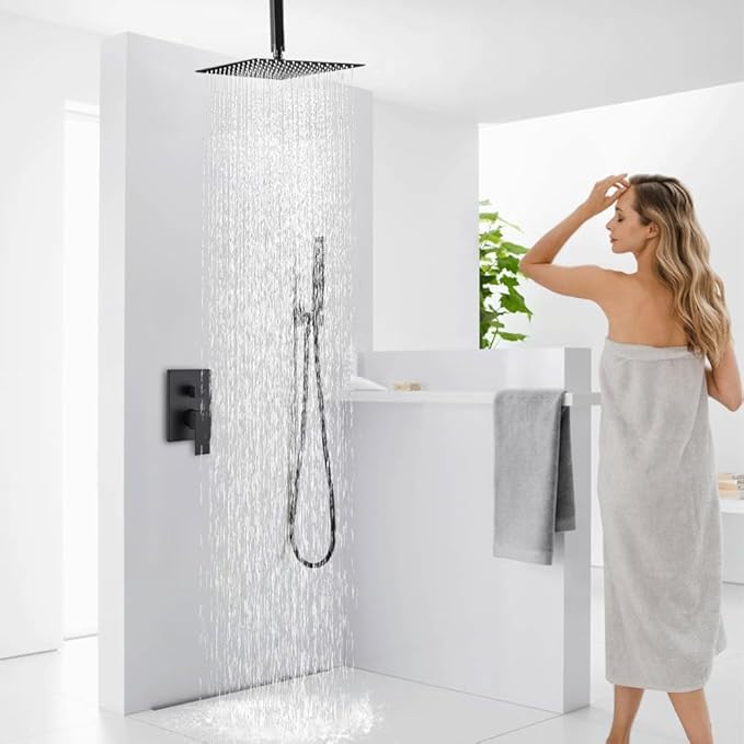 16 Inch Matte Black Ceiling Mount Shower System Bathroom Luxury Rain Mixer Shower Combo Set Ceiling Rainfall Shower Head System Faucet Contain Rough-in Valve and Trim Included