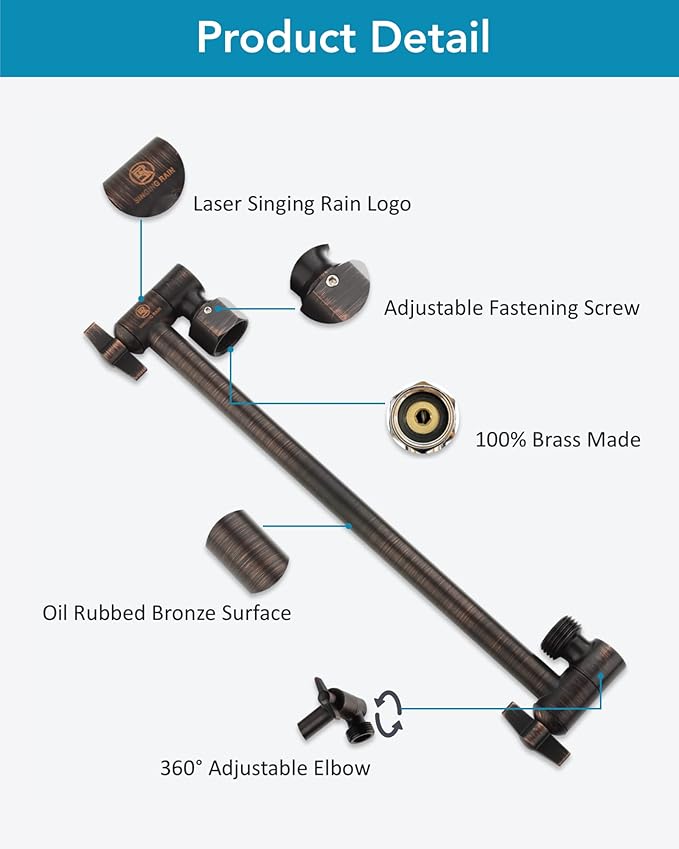 15 Inch Extra Long Adjustable Shower Head Extension Arm With Locking Set Screw, Singing Rain Brass Angle Height Adjustable, Easy To Install, G1/2 Universal Connector Compatible (Oil Rubber Bronze)