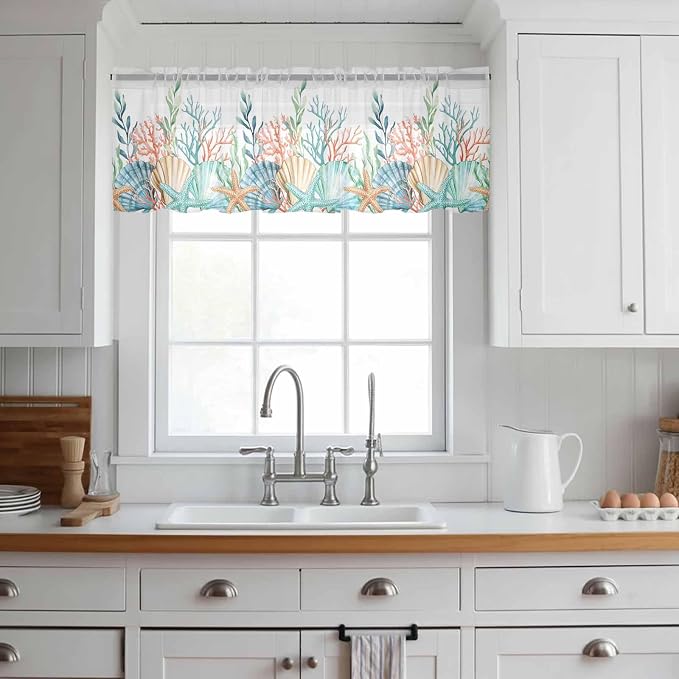 Summer Beach Sheer Valance Curtains, Ocean Colorful Coral Shell Seaweed - Image 2
