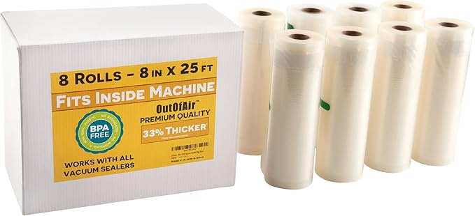 8" x 25' Rolls - BULK 8 Pack OutOfAir Vacuum Sealer Rolls Works by OutOfAirVacuumSealerBags