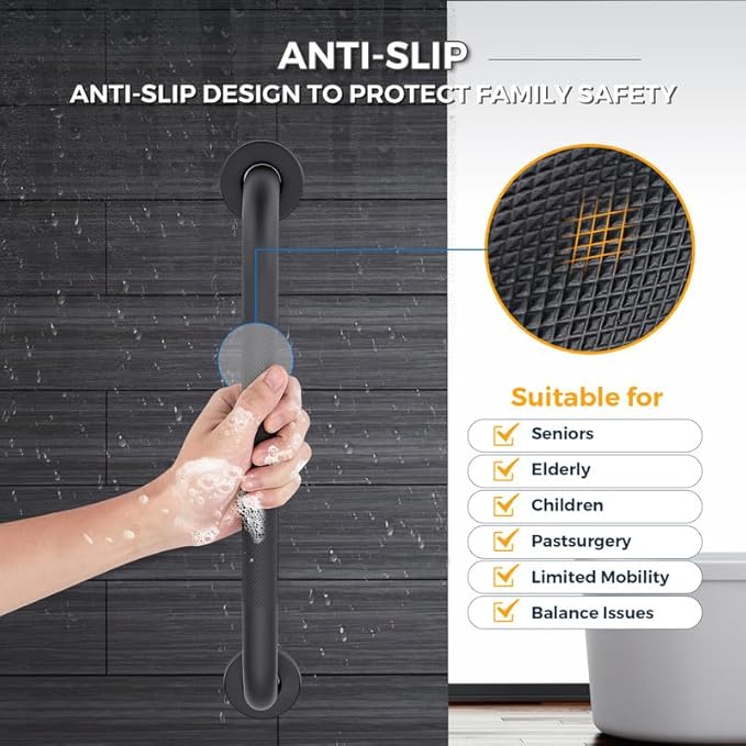 Grab Bars for Shower, 1 Pack 18-Inch Anti Slip Shower Handles for Elderly, Safety Shower Grab Bar, Stainless Steel Handicap Grab Bars for Bathroom (Black 1" Diameter)
