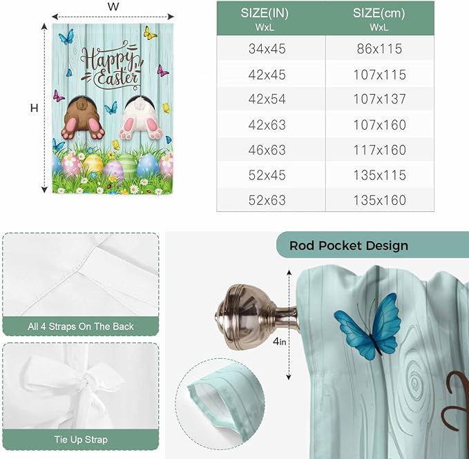 Tie Up Curtains, Happy Easter Bunny Butt Egg Floral Adjustable Rod Pocket - Image 7