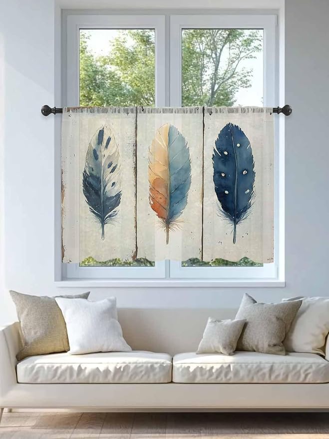 Sheer Curtains 45 Inch Length, Boho Ombre Vintage Wooden Grain Privacy Voile - Image 4