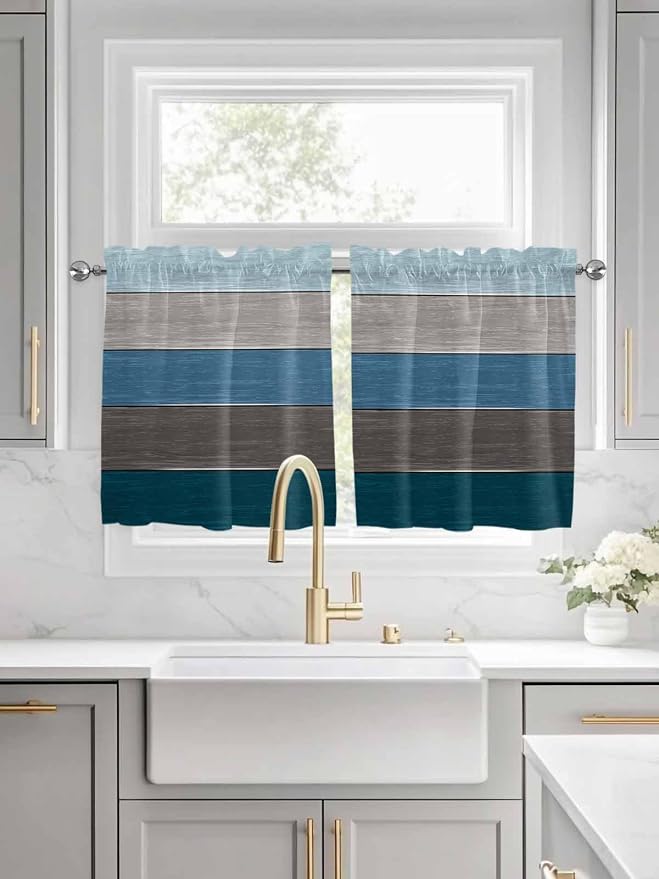 Retro Farm Blue Gray Wood Grain Window Valance Curtains, Rustic Wooden Plank by IDOWMAT