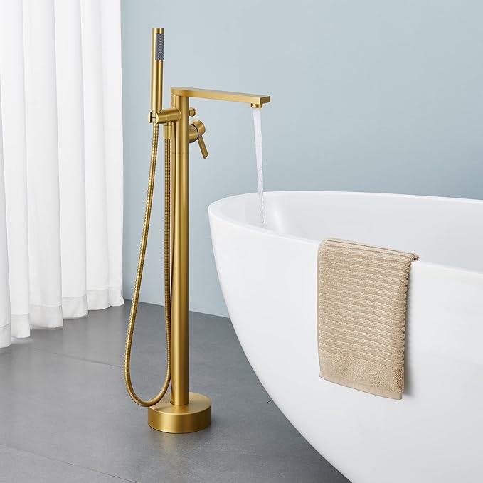 Freestanding Bathtub Faucet Tub Filler Brushed Gold Floor Mount Brass Single Handle Bathroom Faucets with Hand Shower