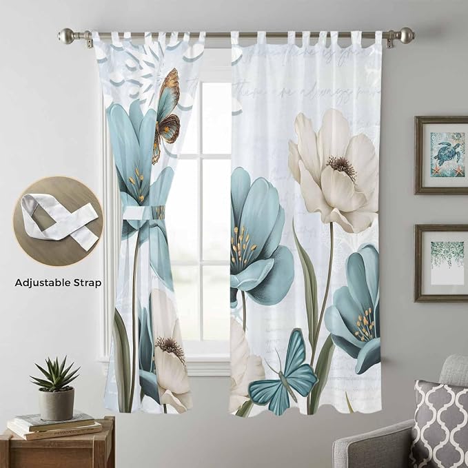 Blue Tulips Living Room Curtains 96 Inch Length, Window Curtains Tab Top - Image 5