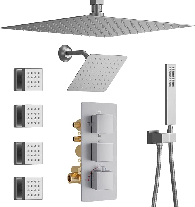 Thermostatic Shower System Brushed Nickel Shower Faucet Set, Four Modes Shower Faucet with 4 PCS Body Jet, Handheld Spray, Ceiling Mount 12 inch Shower Head with 8 inch Wall Mount Shower Head