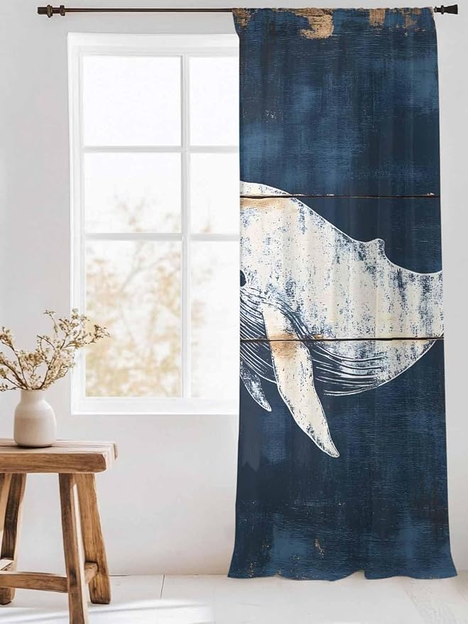 Sheer Curtains 84 Inches Long, Ocean Whale Blue Semi Sheer Curtains Light - Image 3