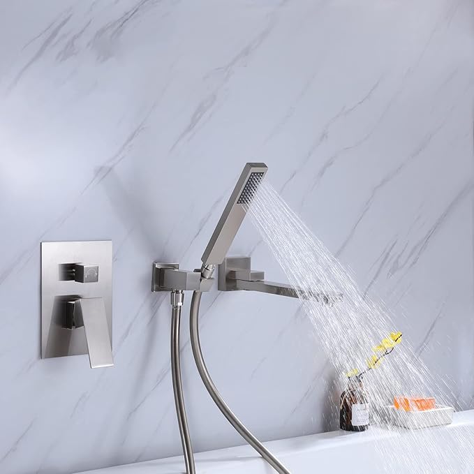 Wall Mounted Bathtub Faucet with Handheld Shower, Solid Brass 180° Swivel Bathroom Tub Filler Faucet with Hand Shower Modern Single Handle Tub Faucet Set, Brushed Nickel