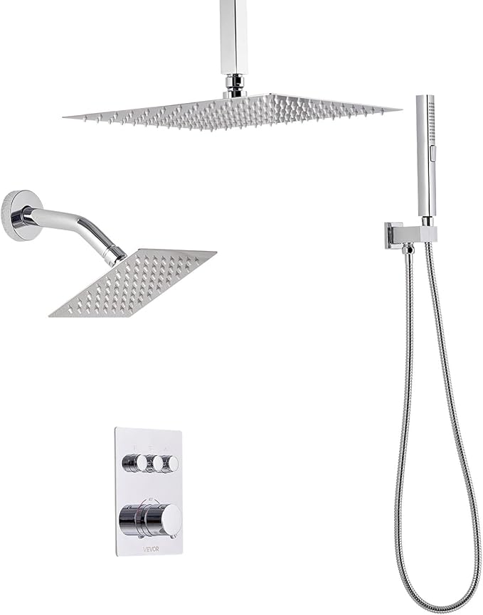 VEVOR Shower Faucet Set, 12 Inch Thermostatic Ceiling Mount Rainfall Shower System with 6 Inch Wall Mount Head and 2 in 1 Handheld Spray, 3-Function Dual Rain Head Brass Valve and Trim Kit, Chrome
