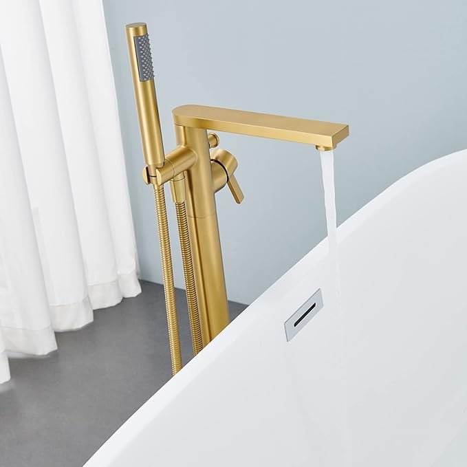 Freestanding Bathtub Faucet Tub Filler Brushed Gold Floor Mount Brass Single Handle Bathroom Faucets with Hand Shower