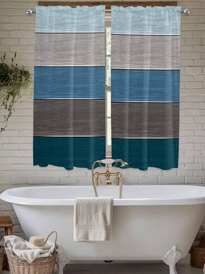 Retro Farm Blue Gray Wood Grain Window Valance Curtains, Rustic Wooden Plank - Image 5