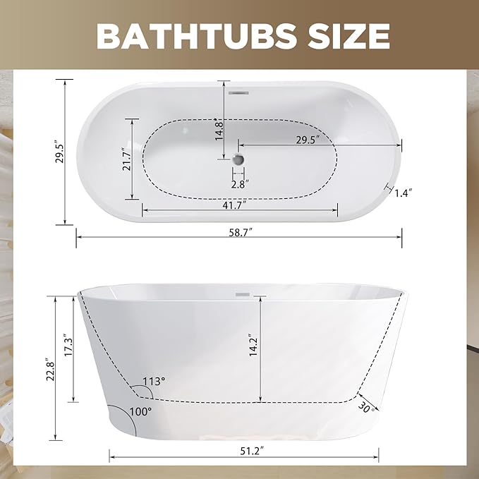 Zavdte 59'' Freestanding Acrylic Bathtub, Gloss White Stand Alone Soaking Tub with Toe-tap Chrome Drain, Double-Wall Insulation, CUPC Certified, Easy Install & Spacious Design