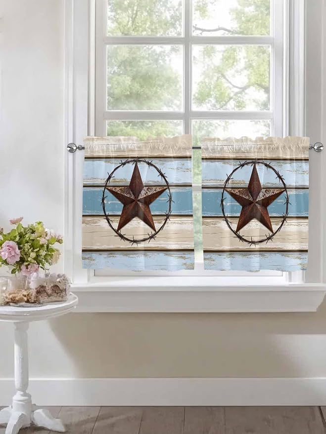 Vintage Western Star on Wood Grain Window Valance Curtains, Retro Wooden - Image 5