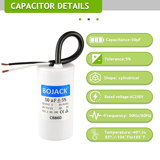BOJACK Run Capacitor 50 uF MFD 250V AC 50 MFD CBB60 2 Wire 50/60Hz Cylinder - Image 3