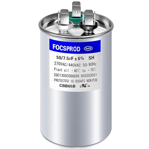 FOCSPROD 50+7.5 uF 50/7.5 MFD ±6% 370V/440V CBB65B AC Capacitor, Dual Run Round by FOCSPROD