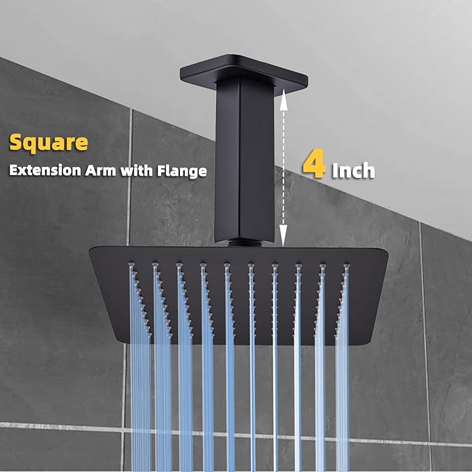 4 Inch Shower Arm with Flange, Ceiling Mounted Square Shower Head Extension Arm, 1/2 NPT Straight Arm for Rain Shower Head, Stainless Steel Shower Head Extension Replacement Pipe Arm,Matte Black