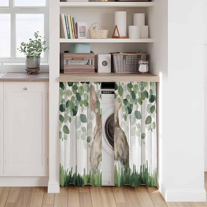 Easter Kitchen Curtains, Country Rabbit Botanical Leaves Wooden Grain Light - Image 7