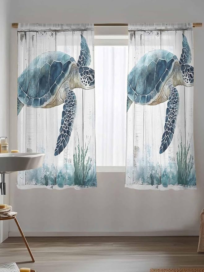 Sheer Curtains 63 Inch Length, Sea Turtle Teal Blue Semi Sheer Curtains Light - Image 5