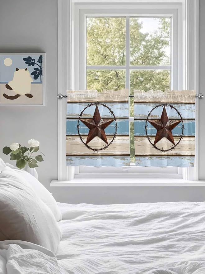Vintage Western Star on Wood Grain Window Valance Curtains, Retro Wooden - Image 4