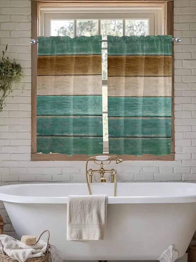 Vintage Plank Turquoise Brown Window Valance Curtains, Farmhouse Wood Grain - Image 5