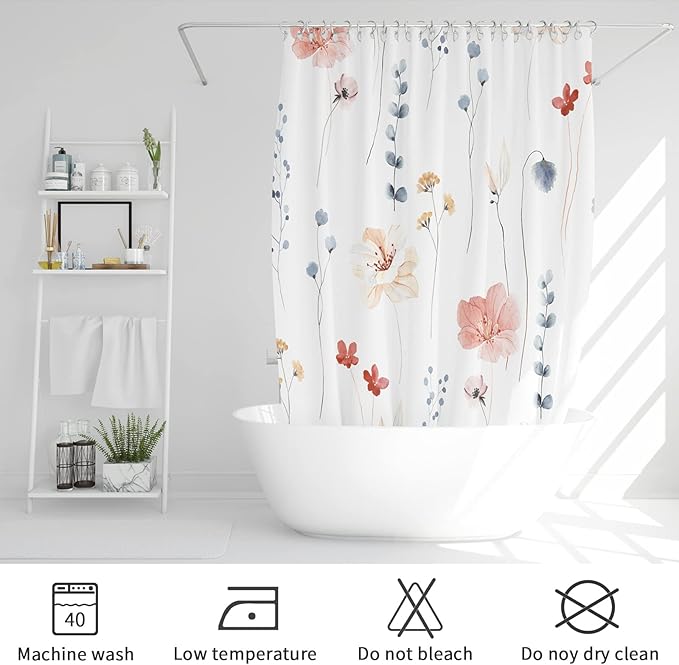 Gibelle Long Shower Curtain 72 x 78, Watercolor Floral Fabric Shower Curtain, Coral Beige Flower Decorative Bathroom Shower Curtain Set