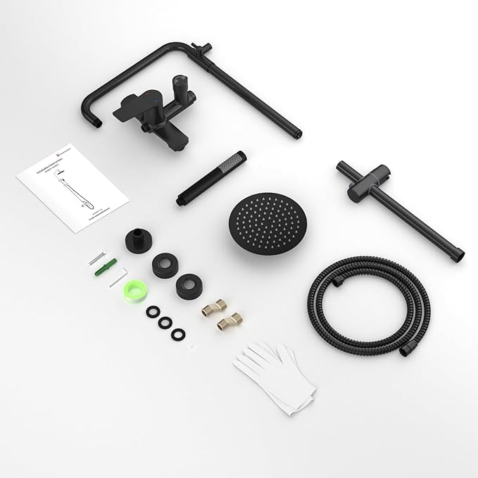 Rainsworth Outdoor Shower Kit Matte Black - Single Handle Brass Valve, 8 Inch Rain Shower Head and Handheld Spray Shower Fixture Combo, 304 Stainless Steel Wall Mount