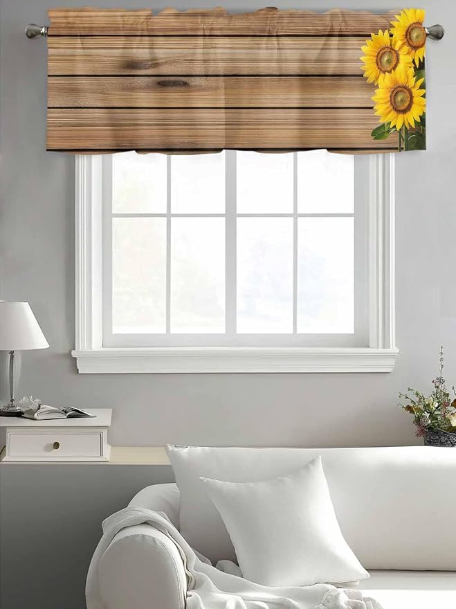 Kitchen Valances for Window, Farm Sunflower on Vintage Wood Grain Light - Image 7