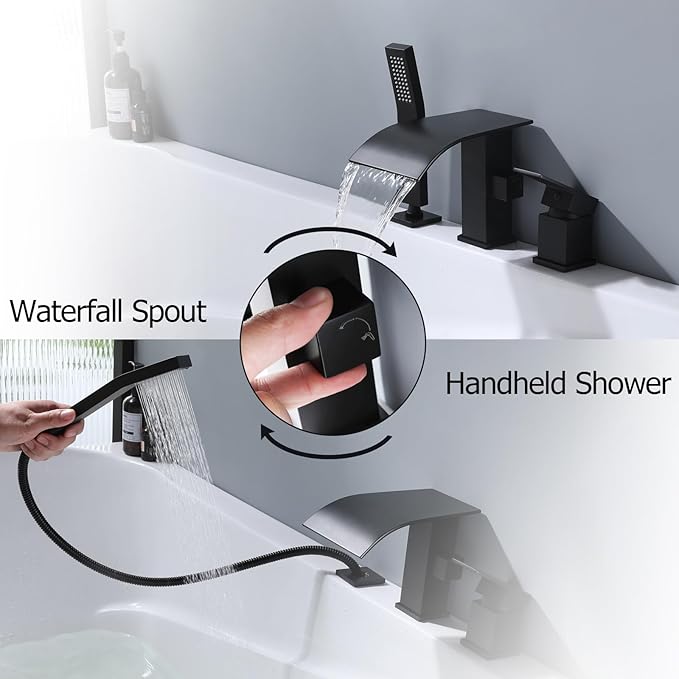Waterfall Roman Tub Faucet with Hand Shower, Deck Mount Tub Filler Bathtub Faucet with Sprayer, Single Handle Bathtub Faucet Set, Brass Widespread 3 Hole Bathtub Shower Faucet Set Matte Black