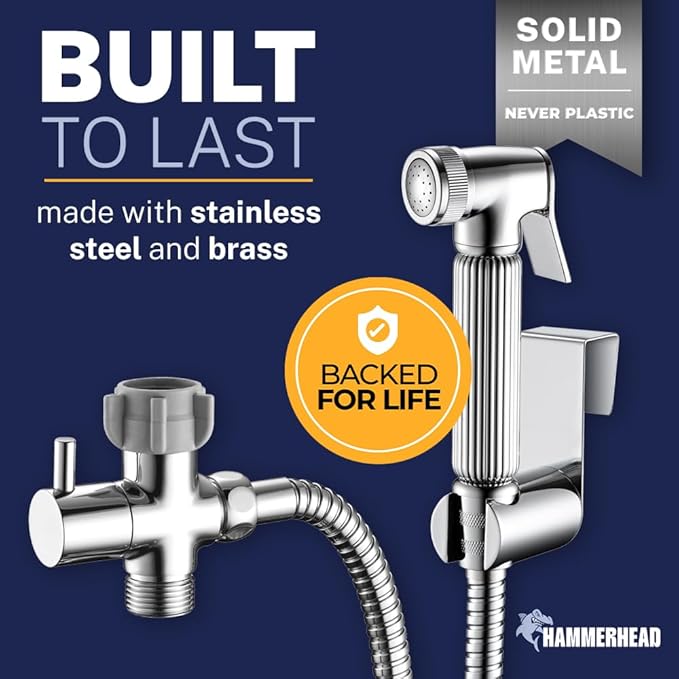 HammerHead Showers Solid Metal Handheld Bidet Sprayer for Toilet, Handheld Bidet Attachment with 59-Inch Hose and Leak-Proof T-Valve, Jet Spray for Toilet, Muslim Shower, Chrome