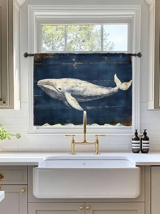 Sheer Curtains 45 Inch Length, Ocean Vintage Whale Semi Sheer Curtains Light - Image 3