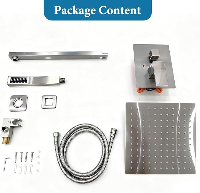 Brushed Nickel Square Shower Head with Handheld Set, Rainfall Shower System Modern Wall Mounted Shower Faucet for Bathroom 12 inch (With Shower Valve)