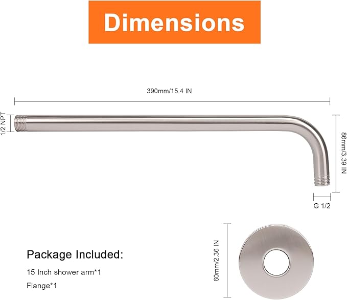 HarJue Shower Arm with Flange and Teflon Tape, Wall Mounted Shower Pipe 304 Stainless Steel Extension Arm for Fixed Shower Head & Handheld (15 Inch, Brushed Nickel)