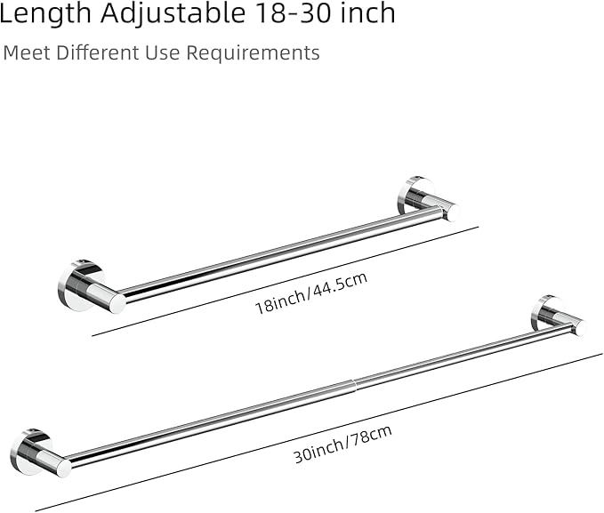 JiePai Adjustable 18 to 30 Inch Shower Towel Bar for Bathroom, Expandable SUS304 Stainless Steel Bath Towel Holder, Wall Mount with Screws Towel Bar Rod Hotel Style (Screw-in, Chrome)