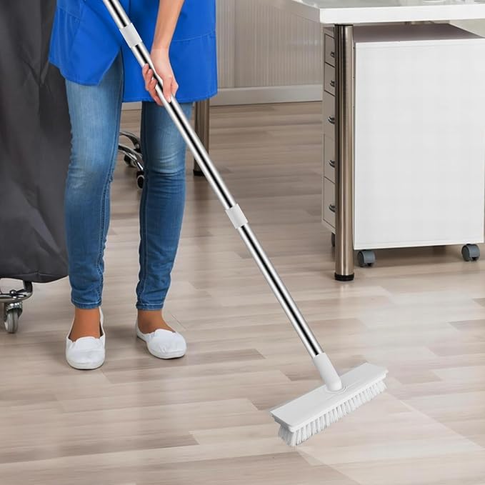 Floor Scrub Brush with Long Handle, 2 in 1 Scrape Brush Stiff Bristle Floor Scrubber for Cleaning Shower Bathroom Garage Kitchen Wall Deck Tub Tile (White, 1 Pack)