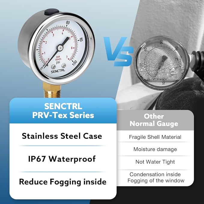 SENCTRL 0-100 Psi Pressure Gauge, 1/4 NPT Lower Mount, Waterproof, Stainless - Image 3