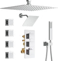 Thermostatic Shower System Chrome Shower Faucet Set, Four Modes Shower Faucet with 4 PCS Body Jet, Handheld Spray, 2 Rainfall Shower Head(12+8“)