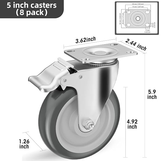 5" Swivel Plate Casters with Brake - Image 3