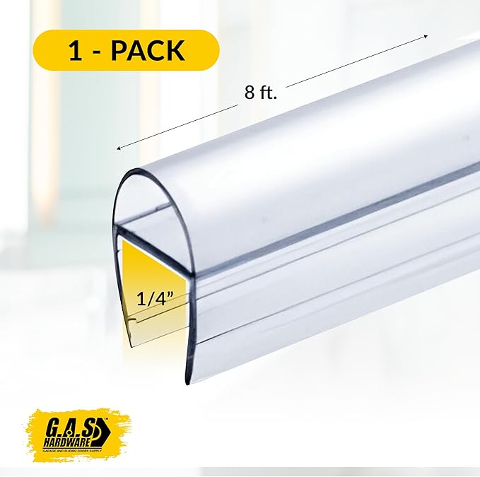 1/4" (6mm) Frameless Shower Door Seal – U-Type 8 ft. (2.44M) Ultra-Clear Bottom & Side Drip Rail Sweep Strip, 1 Piece for Leak Protection, Water Control & Easy DIY Installation