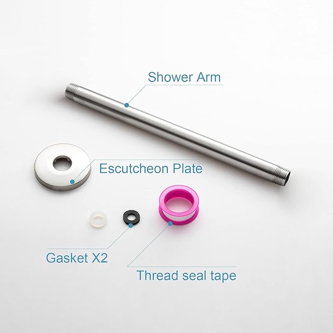 OFFO Shower Arm with Flange, 10 in Brushed Nickel Ceiling Mount Replacement Rain Shower Head Straight Arm Ceiling-Mounted For Fixed Shower Head & High Pressure Rain