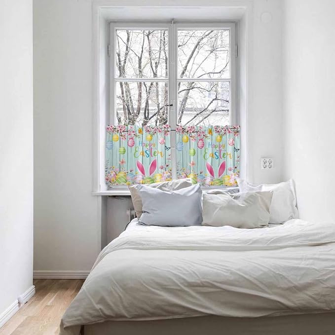 Happy Easter Half Window Curtain 36 Inches Long, Spring Bunny Eggs Flower Teal - Image 5