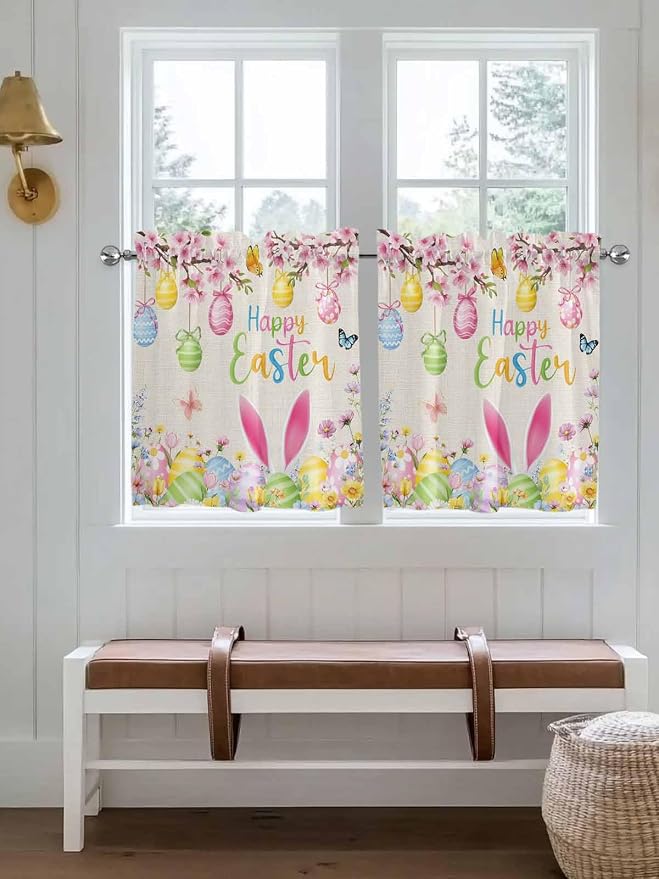 Happy Easter Half Window Curtain 36 Inches Long, Spring Farmhouse Bunny Eggs - Image 4