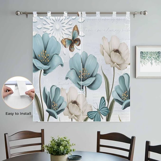 Blue Tulips Bedroom Curtains 72 Inch Length, Window Curtains Tab Top, - Image 4