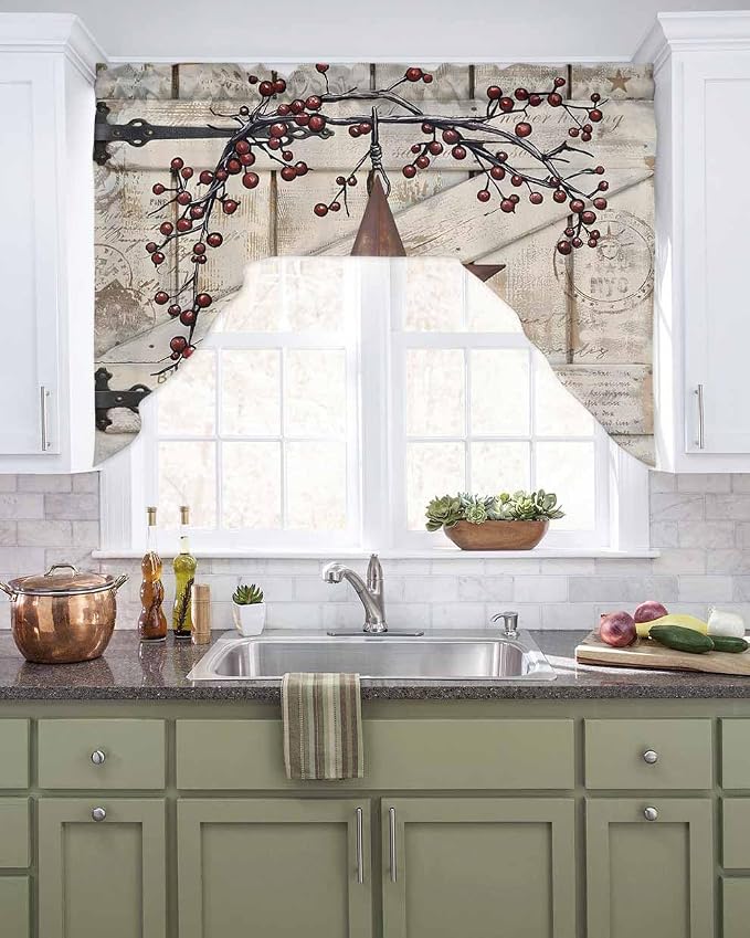 Village Stars Swag Kitchen Curtains Valance and Tier Set, Vintage Rust Yellow - Image 2