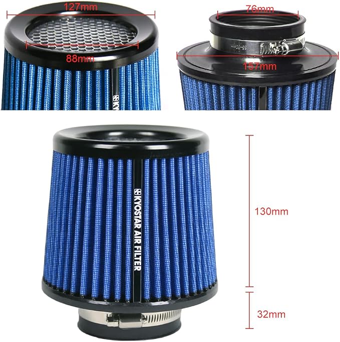 Universal 3" 76mm High-Flow Air Filter, Reusable Cone Cold Air Intake, High - Image 2