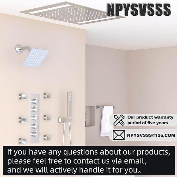 Thermostatic Shower System with 14x20 Inch Ceiling Mount LED Head & 6 Inch Wall Head and Handheld Shower 4 Function Vale with body jets Can All Run Together,Polished Chrome