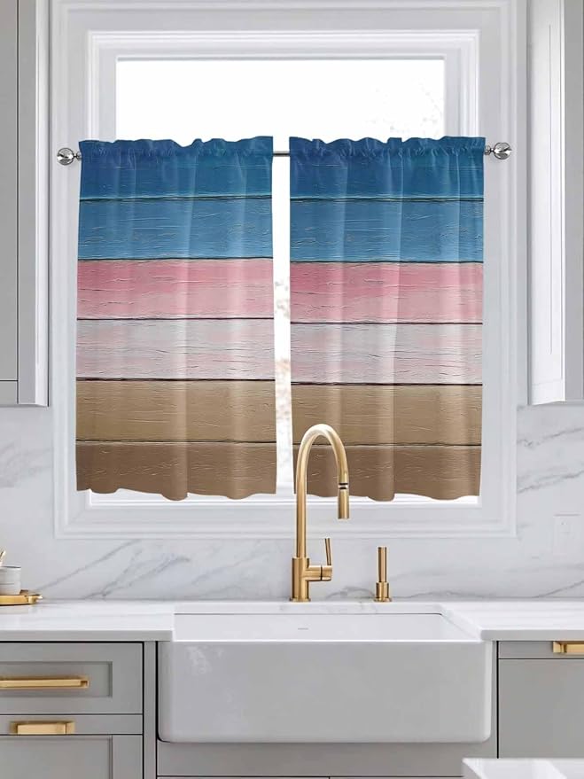 Blue Pink Brown Gradient Wood Grain Window Valance Curtains, Vintage Wood Board - Image 3